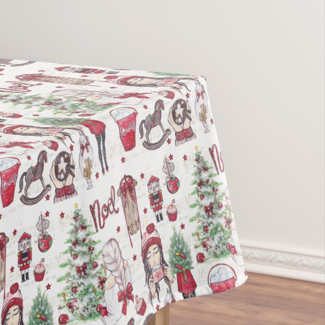 Red Watercolor Hand Painted Christmas elements Tablecloth (In Situ)