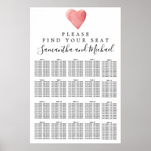 Red Watercolor Heart 20-Table Seating Chart