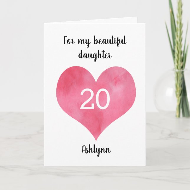 Red Watercolor Heart 20th Birthday Card (Front)