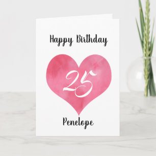 Red Watercolor Heart 25th Birthday  Card