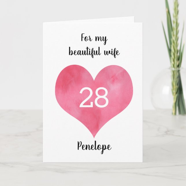Red Watercolor Heart 28th Birthday Card (Front)