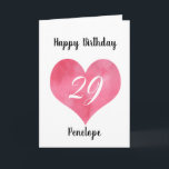 Red Watercolor Heart 29th Birthday  Card<br><div class="desc">A personalised heart 29th birthday card for her. You will be able to easily personalise the front of the birthday card with the age and name. Features a red watercolor heart. This personalised 29th birthday card would make a wonderful keepsake card for daughter,  daughter-in-law,  granddaughter,  etc.</div>