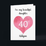 Red Watercolor Heart 40th Birthday Card<br><div class="desc">A minimalist 40th birthday card featuring a watercolor heart which you can easily personalise with her age and name on the front of this birthday card. You will also be able to edit the inside card message if wanted. This personalised 40th birthday card would make a wonderful card keepsake for...</div>