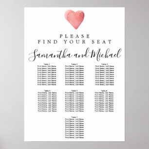 Red Watercolor Heart 7-Table Wedding Seating Chart