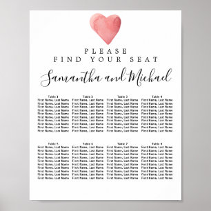 Red Watercolor Heart 8-Table Wedding Seating Chart