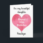 Red Watercolor Heart Happy 10th Birthday Card<br><div class="desc">A watercolor heart 10th birthday card for daughter,  granddaughter,  niece,  etc. The front of this tenth birthday card features a watercolor red heart,  which you can personalise for the birthday girl. The inside reads a sweet birthday sentiment which can also be personalised for her.</div>