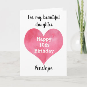 Red Watercolor Heart Happy 10th Birthday Card