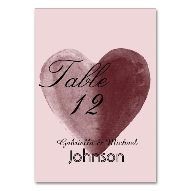Red Watercolor Heart Table Number (Front)