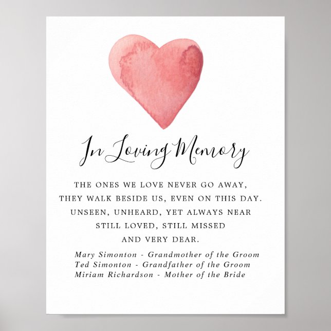 Red Watercolor Heart Wedding Memorial Sign (Front)