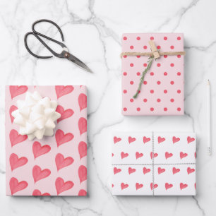 Red Watercolor Hearts, Dots Blush Pink, White Wrapping Paper Sheet