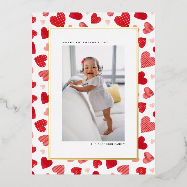 Red Watercolor Hearts Photo Happy Valentine's Day Foil Holiday Postcard (Front)