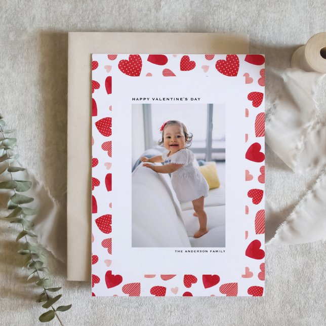 Red Watercolor Hearts Photo Happy Valentine's Day Holiday Card (Customizable modern Happy Valentine's Day card with cute watercolor hearts pattern. )