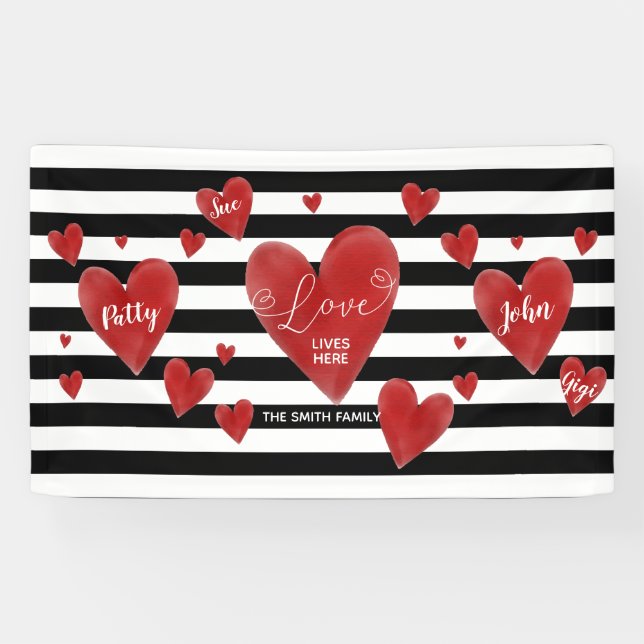 Red Watercolor Hearts & Stripes Banner (Horizontal)