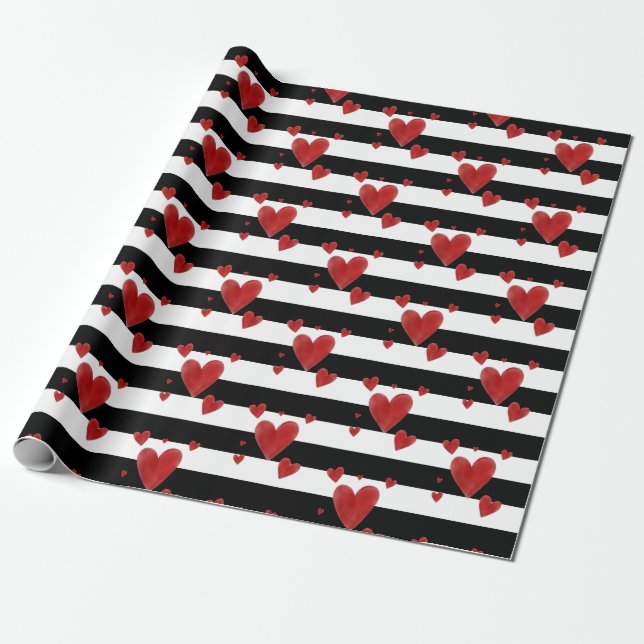Red Watercolor Hearts & Stripes Wrapping Paper (Unrolled)