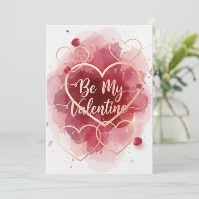 Red Watercolor Hearts Valentine's Day Holiday Card (Standing Front)