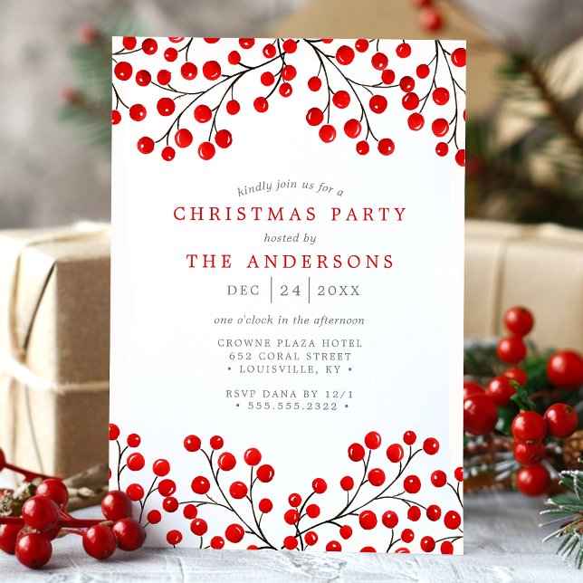 Red Watercolor Holly Berries Christmas Party Invitation (Creator Uploaded)