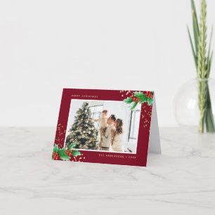 Red Watercolor Holly Berries Photo Christmas Holiday Card