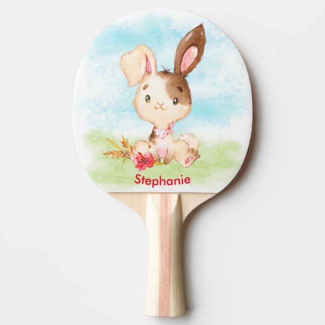 Red Watercolor Little Bunny Ping Pong Paddle (Front)