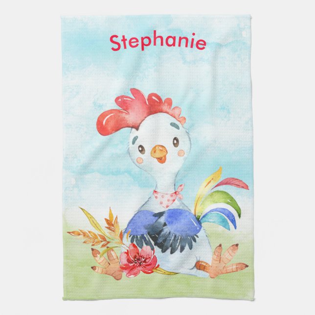 Red Watercolor Little Rooster Tea Towel (Vertical)