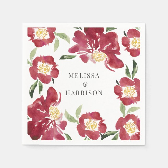 Red Watercolor Peony Wedding  Napkin (Front)