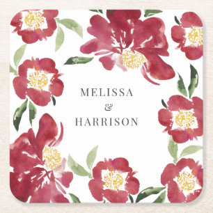 Red Watercolor Peony Wedding Square Paper Coaster