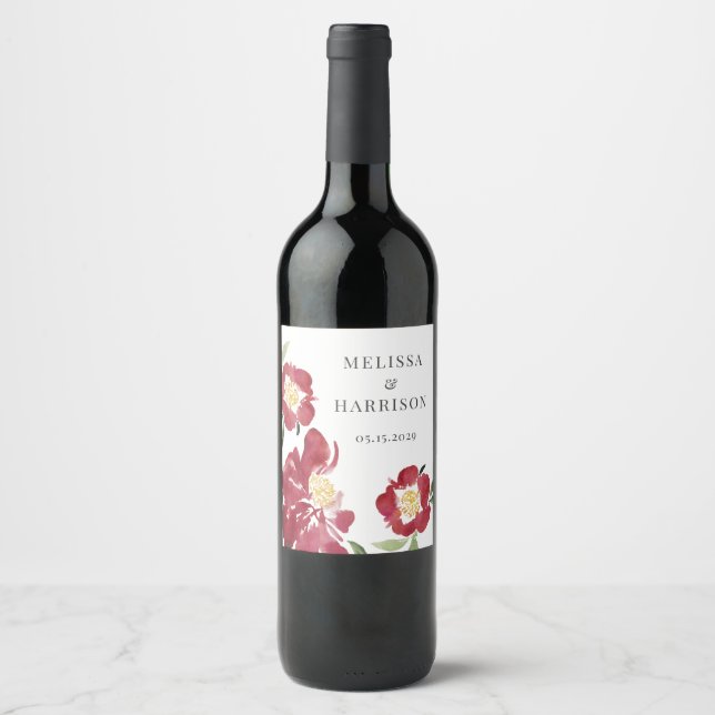 Red Watercolor Peony Wedding Thank You Wine Label (Front)