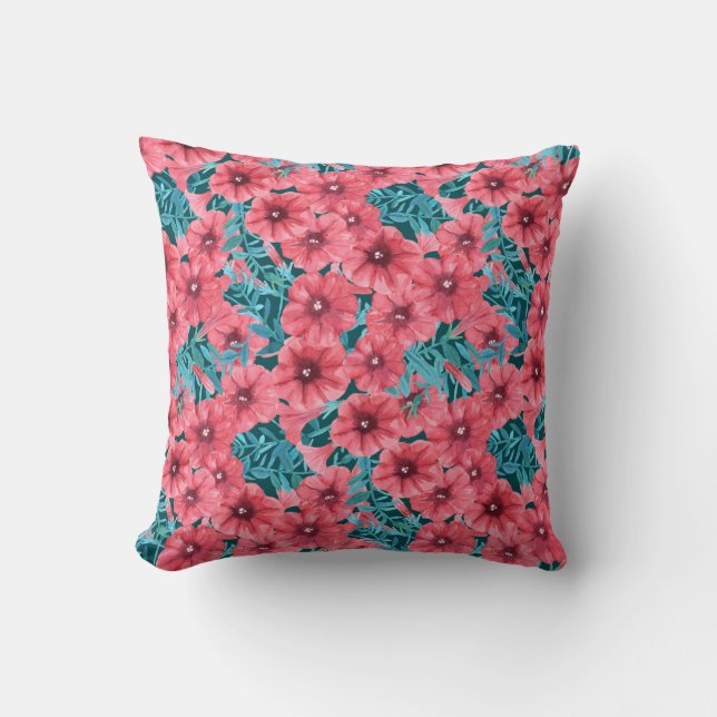 Red watercolor petunia flower pattern cushion (Front)
