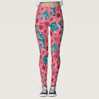 Red watercolor petunia flower pattern leggings