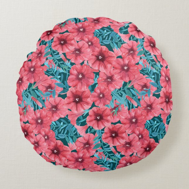 Red watercolor petunia flower pattern round cushion (Front)