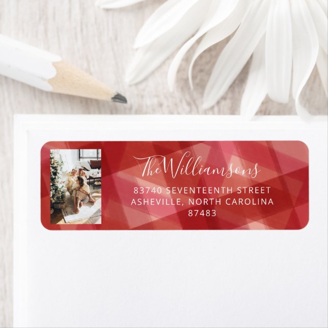 Red Watercolor Plaid Rustic Photo Holiday Address (Insitu)