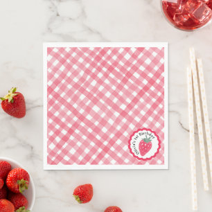 Red Watercolor Plaid Strawberry 1st Birthday Party Napkin