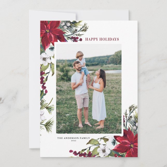 Red Watercolor Poinsettias Botanical Photo Holiday Card (Front)