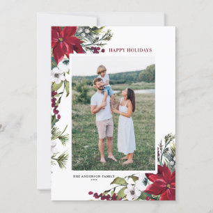 Red Watercolor Poinsettias Botanical Photo Holiday Card