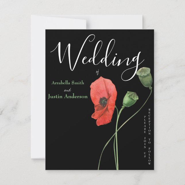 Red Watercolor Poppies Black Wedding Invitation (Front)