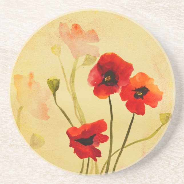 Red Watercolor Poppies Coaster (Front)