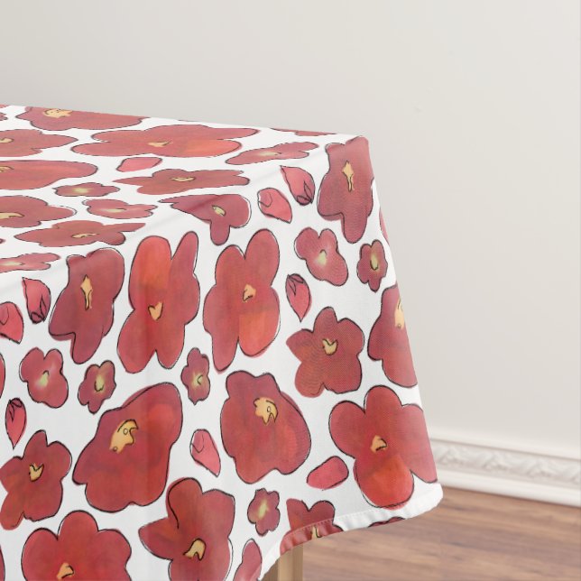 Red Watercolor poppies floral design Tablecloth (In Situ)