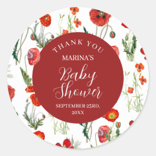 Red Watercolor Poppies Florals Baby Shower Classic Round Sticker