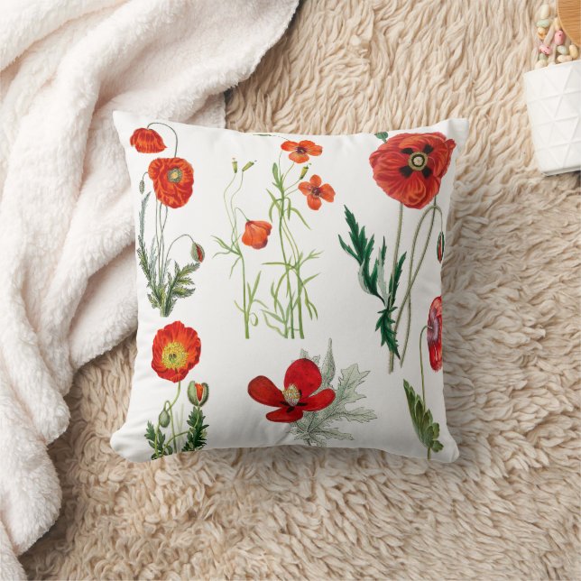 Red Watercolor Poppies Florals Cushion (Blanket)