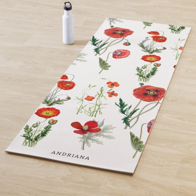 Red Watercolor Poppies Florals Custom Name Yoga Mat (In Situ)