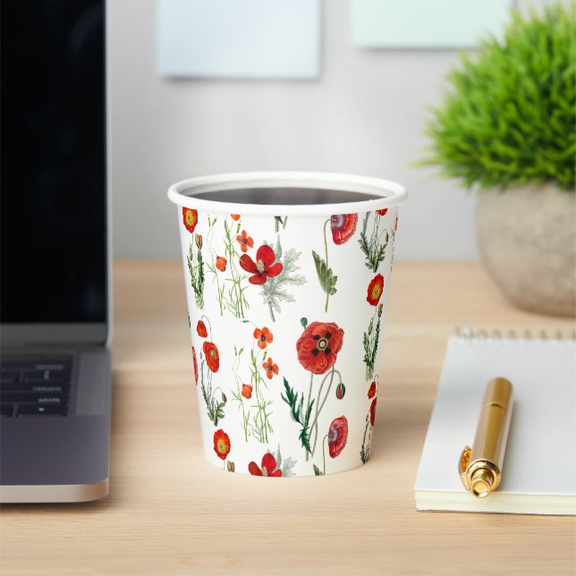 Red Watercolor Poppies Florals Paper Cups (Insitu)