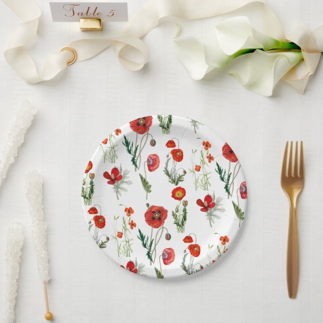 Red Watercolor Poppies Florals Paper Plate (Wedding)