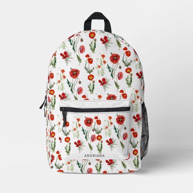 Red Watercolor Poppies Florals Personalised Name Printed Backpack (Front)