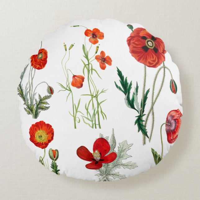 Red Watercolor Poppies Florals Round Cushion (Front)