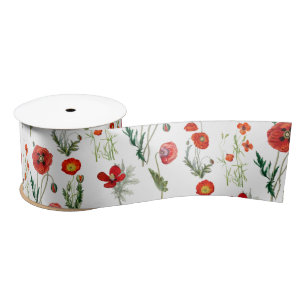 Red Watercolor Poppies Florals Satin Ribbon