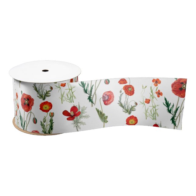 Red Watercolor Poppies Florals Satin Ribbon (Spool)