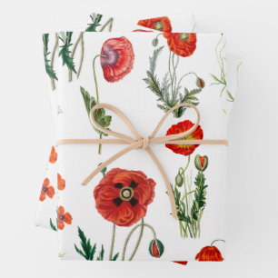 Red Watercolor Poppies Florals Wrapping Paper Sheet