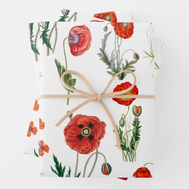 Red Watercolor Poppies Florals Wrapping Paper Sheet (In situ)