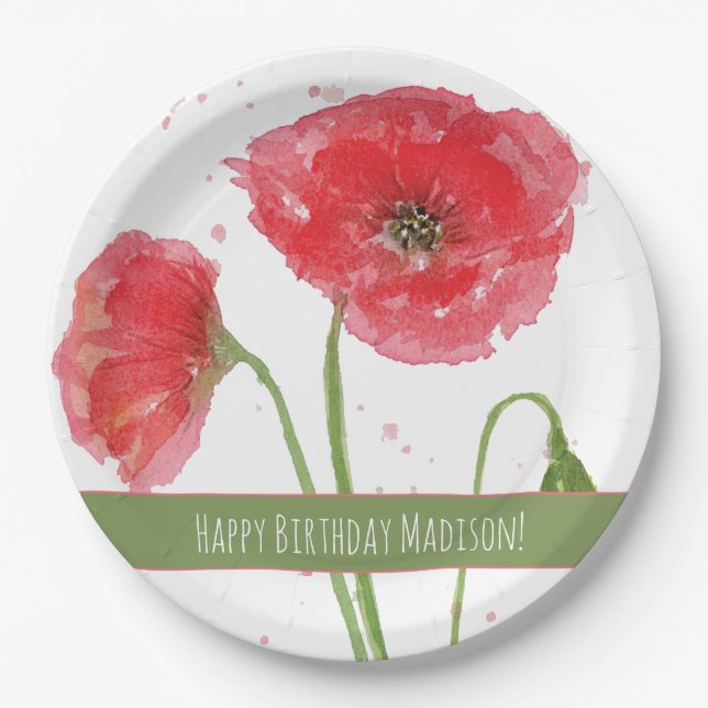 Red Watercolor Poppies Happy Birthday Paper Plate (Front)