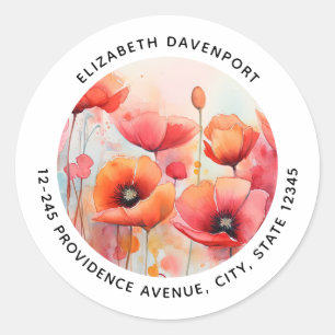 Red Watercolor Poppies in a Field Address Classic Round Sticker