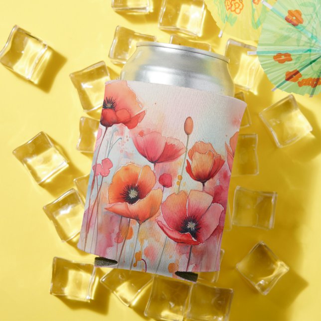 Red Watercolor Poppies in a Field Can Cooler (In Situ Summer)